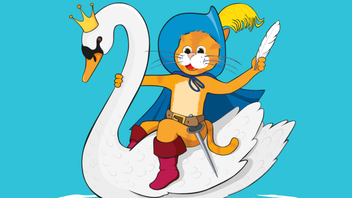 Bunte Grafik mit der Darstellung des gestiefelten Katers, der auf einem Schwan mit Krone reitet