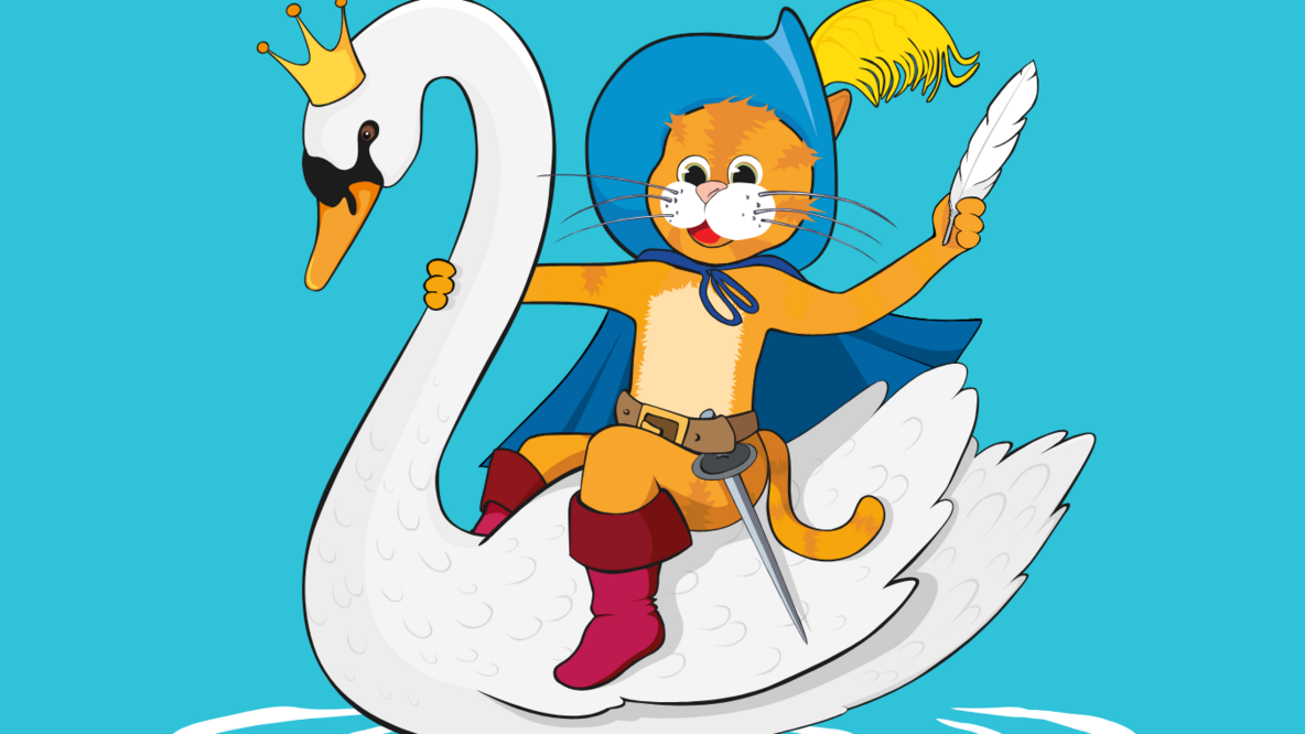 Bunte Grafik mit der Darstellung des gestiefelten Katers, der auf einem Schwan mit Krone reitet