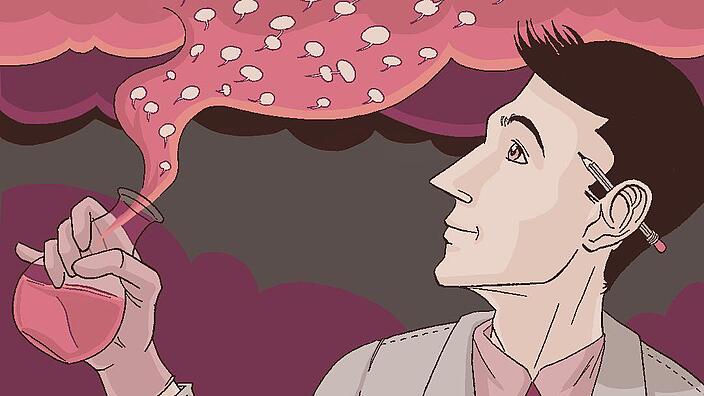 Comiczeichnung mit einer Person, die ein Reagenzglas in der Hand hält, aus dem eine pinke Wolke steigt