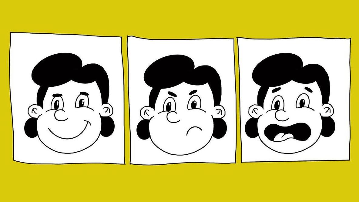 Eine Panelabfolge mit einer Figur mit unterschiedlichen Gesichtsausdrücken