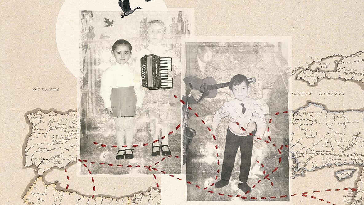 Eine Montage des Indie-Labels Rumi Sounds: Alte Kinderfotos über einer verblichenen Karte Europas.