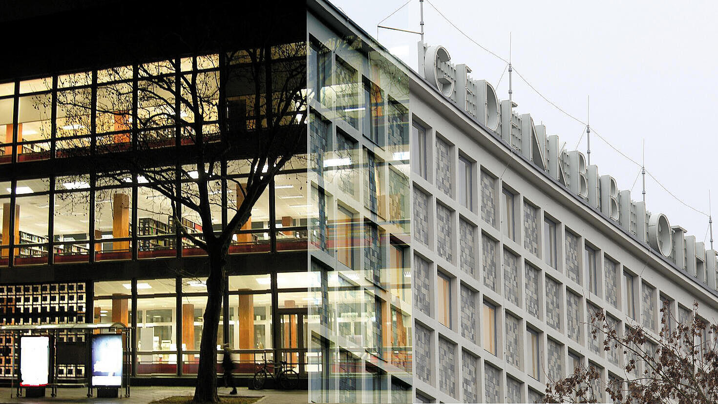 Collage der Gebäude Amerika-Gedenkbibliothek und Berliner Stadtbibliothek vor bedecktem Himmel