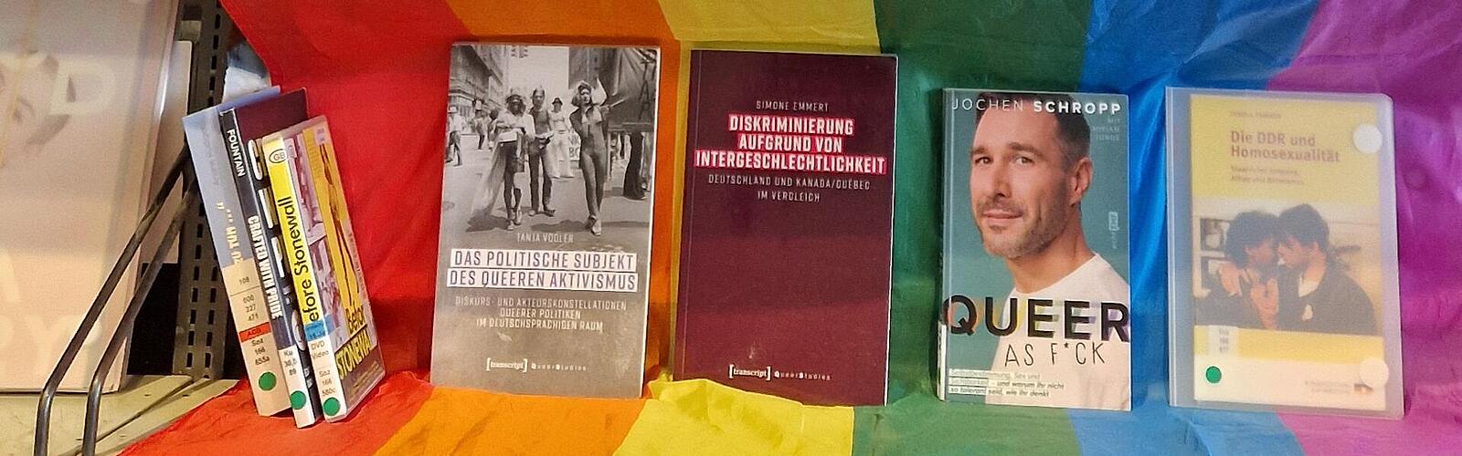 Foto der aktuellen Medienpräsentation mit Büchern und einer Pride-Fahne