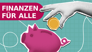bunte Grafik mit Sparschwein, welches von Hand mit Geld gefüttert wird.