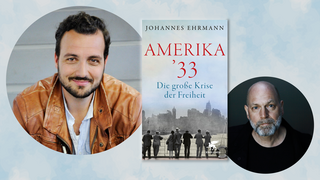 Fotokollage von 2 Personen und einem Buchcover