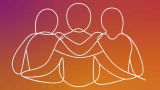 Grafik mit Farbverlauf und einer abstrakten, geschwungenen weißen Zeichnung dreier Figuren, die sich gegenseitig halten.