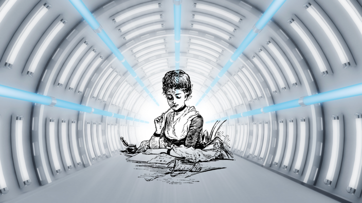 Bild von gezeichnetem Kind im Tunnel mit grauem Hintergrund und blauen Streifen