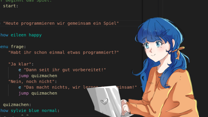 Bunte Grafik mit Programmiersprache und einer gezeichneten Anime-Figur mit Laptop