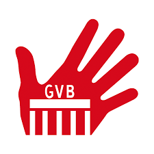 Logo des Gehörlosenverbands Rote Hand mit den Buchstaben GVB als Quadriga  mit Brandenburger Tor in der Handfläche