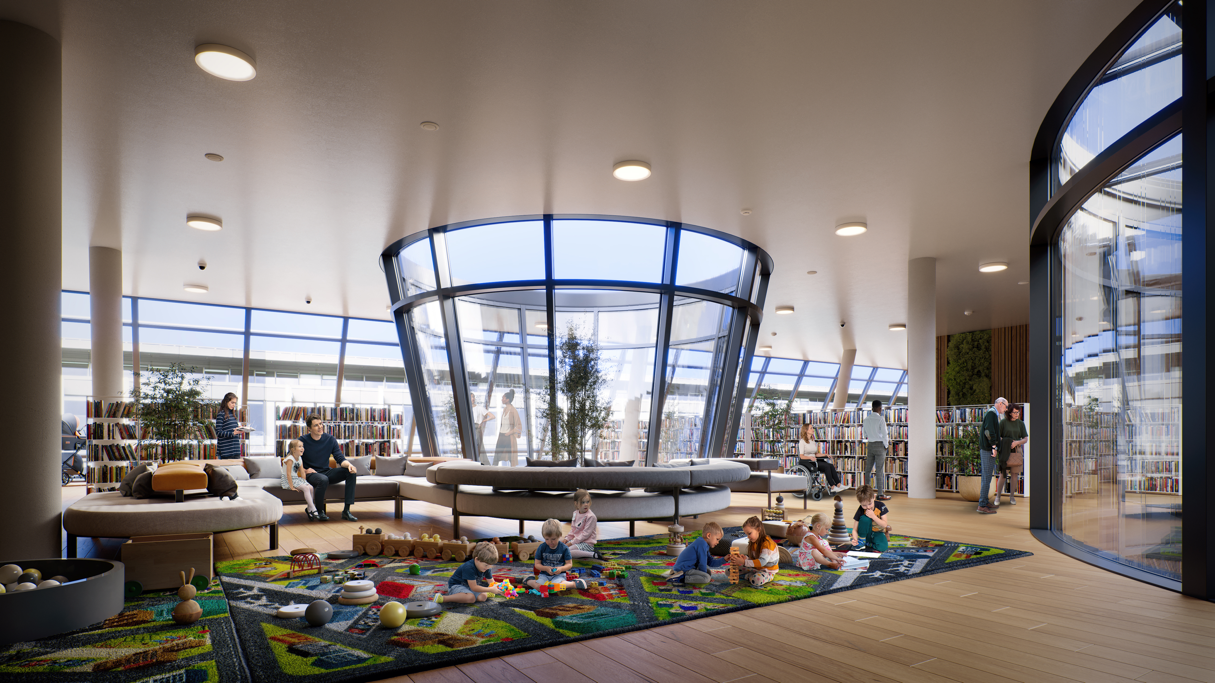 Zu sehen ist die Ansicht einer Idee für die Bibliothek im heutigen Kaufhaus Lafayette in der Friedrichstraße.