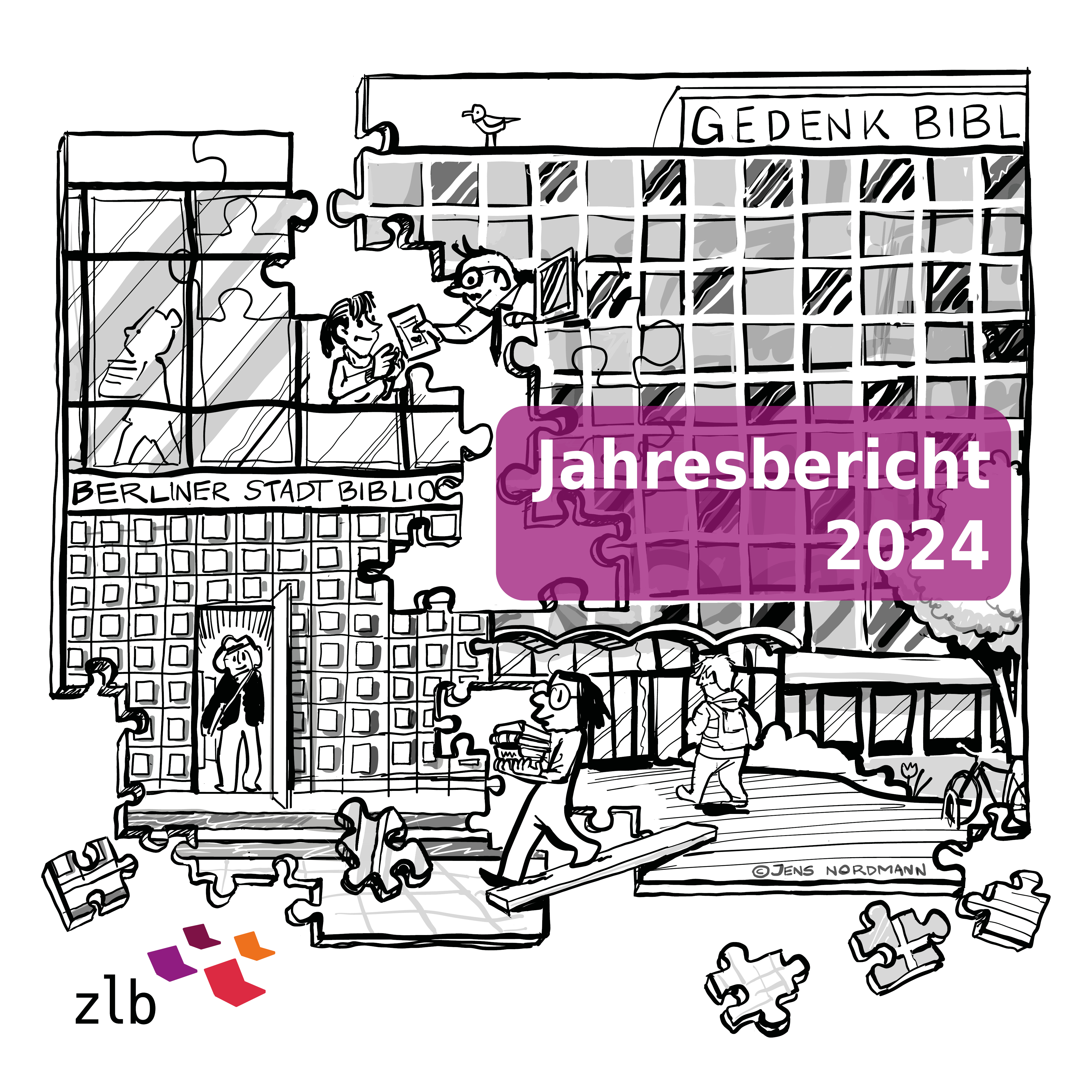 Illustration der Beiden Häuser der ZLB die als Puzzlespiel in einander wachsen.