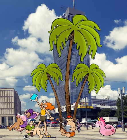 Illustration des Alexanderplatz mit der ZLB im Galeriakaufhaus
